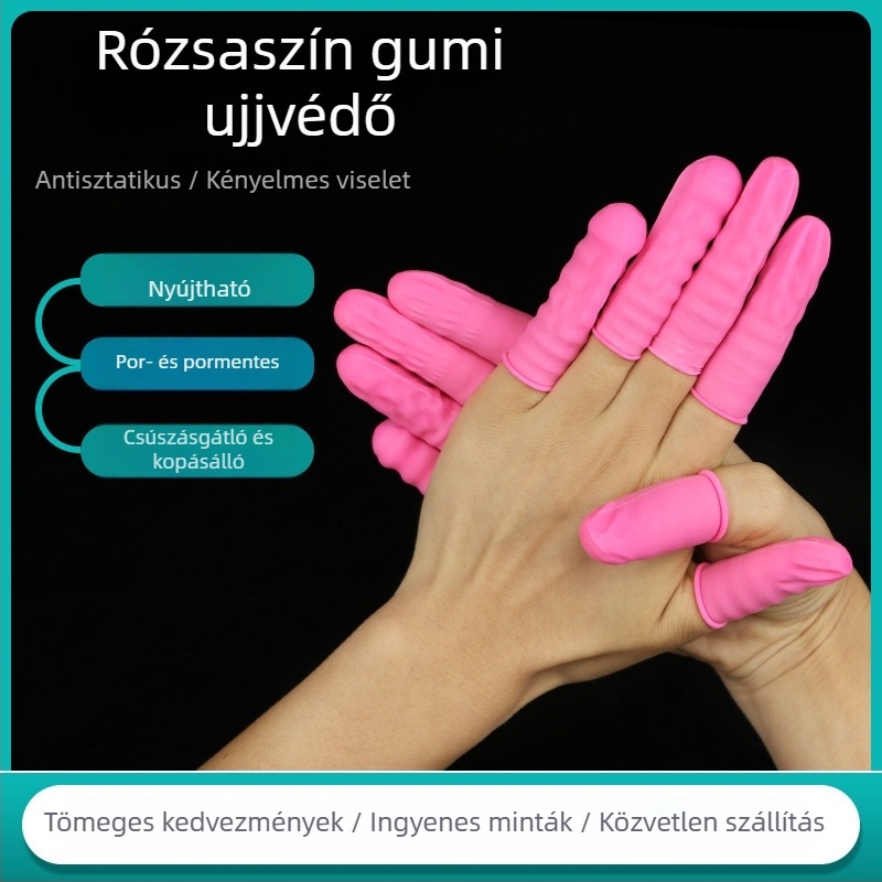 Antisztatikus, egyszer használatos rózsaszín latex ujjvédő, pormentes, vízálló, kopásálló, méret M, hossz 7.5–8.5 cm, vastagság 0.14 mm