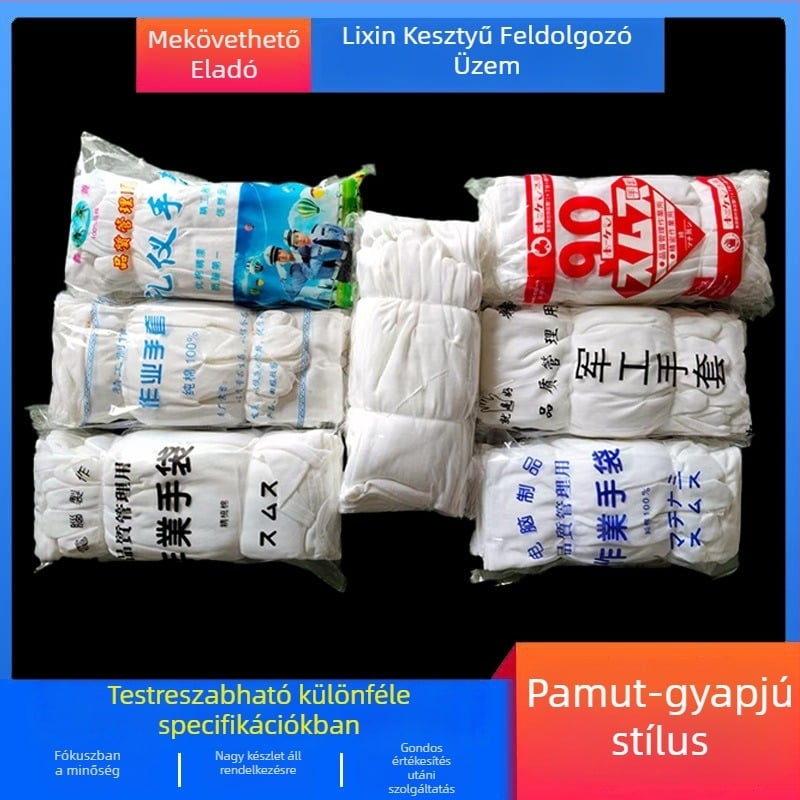Fehér egyszer használatos munkavédelmi kesztyű, antistatikus, poliészter-pamut anyagból, hossza 22,5 cm, méret L