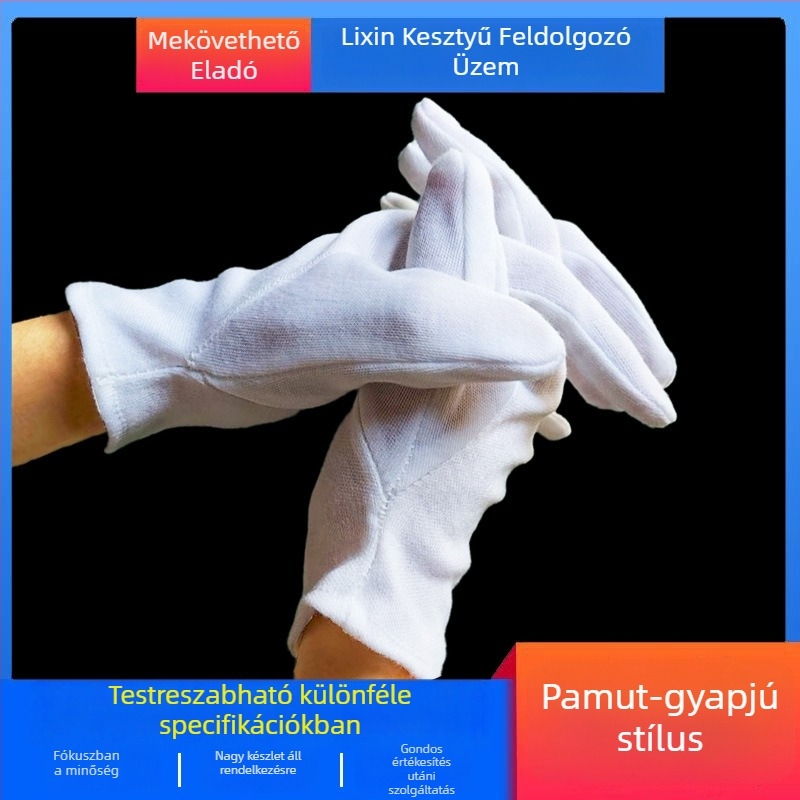 Fehér egyszer használatos munkavédelmi kesztyű, antistatikus, poliészter-pamut anyagból, hossza 22,5 cm, méret L