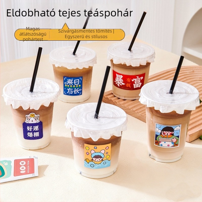 Egyszer használatos, átlátszó műanyag pohár fedővel – italokhoz, tej-tea, narancslé, savanyú szilva ital