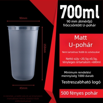 Egyszer használatos milk tea pohár, 500 ml/700 ml, U-alakú, könnyű PP műanyag pohár