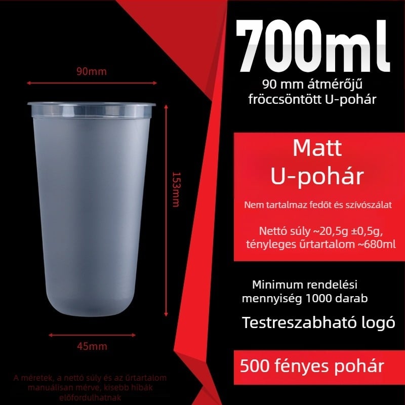 Egyszer használatos milk tea pohár, 500 ml/700 ml, U-alakú, könnyű PP műanyag pohár