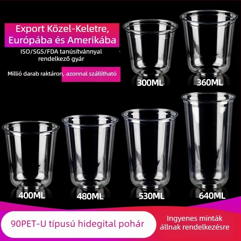 PET90 egyszer használatos tej-tea pohár, műanyag, U-formájú, 301–700 ml