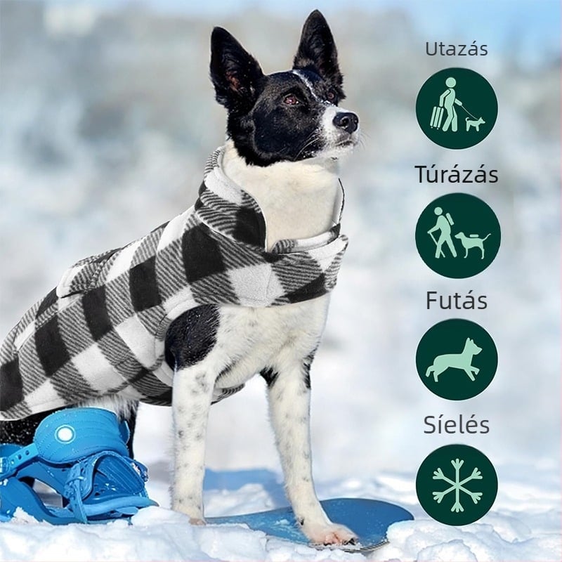Kutyák téli kabátja, szélvédett fleece dzseki, brit stílusú kockás mintával, hideg időre, kényelmes és meleg