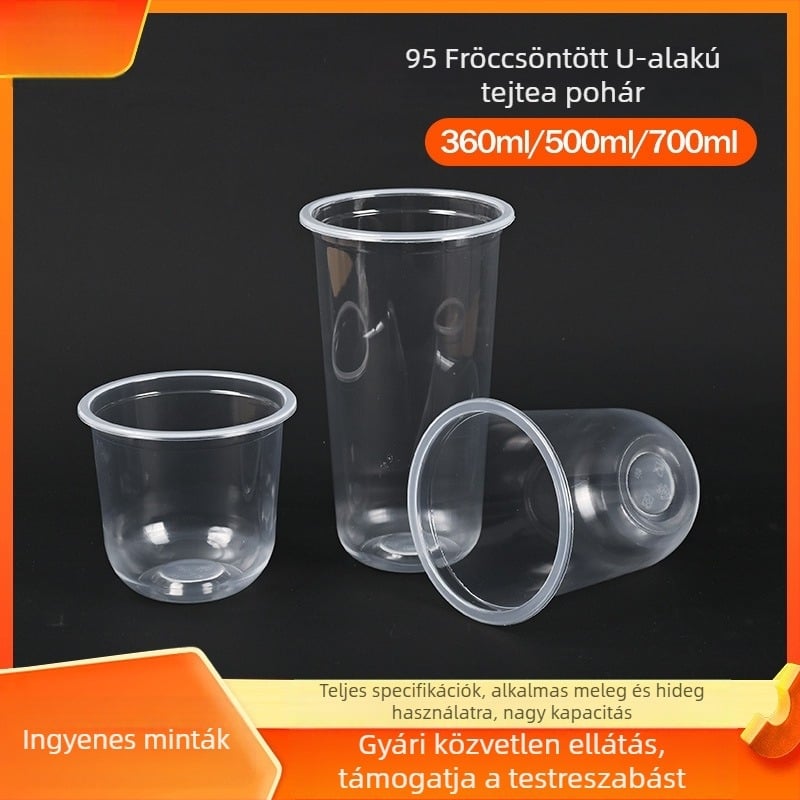 Egyszer használatos U-formájú pohár, átlátszó PP, testre szabható, kapacitás 360/500/700 ml, tejteához, gyümölcsléhez és kávéhoz, 95 mm-es szívócsővel