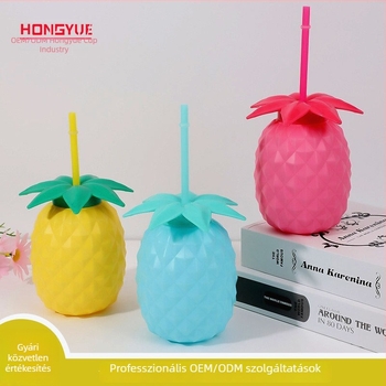 Hongyue Ananász alakú PET pohár szívószállal, 550 ml, tej-tea és gyümölcslé italokhoz