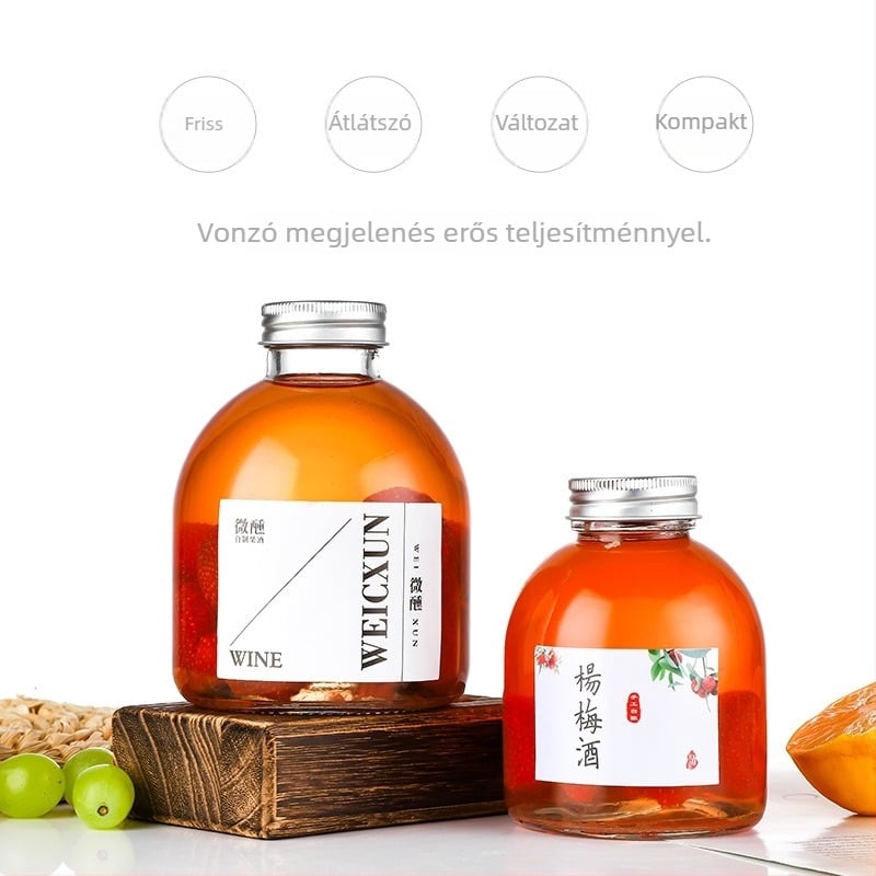 Kedves, nagy méretű üveg gyümölcsborhoz és Yangmei borhoz; üres üveg otthon készített gyümölcsléhez
