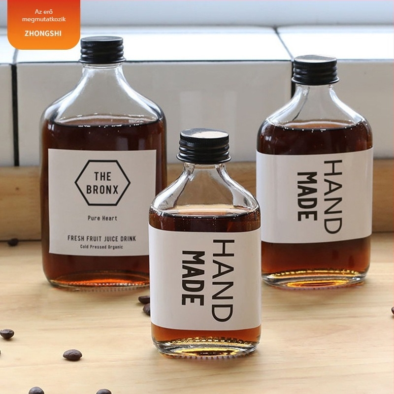 Lapos négyzet alakú üveg, zárt, italokhoz: gyümölcslé, tej-tea, cold brew és jegeskávé - üres adagolóüveg