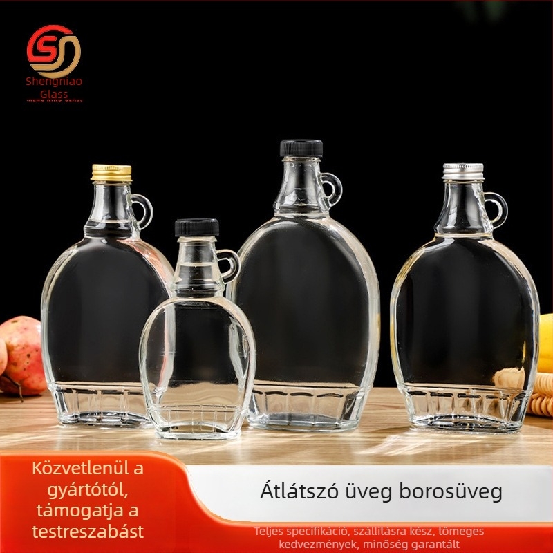 Személyre szabott lapos boros üveg, üres, átlátszó üveg házi erjesztésű italokhoz és gyümölcsborhoz