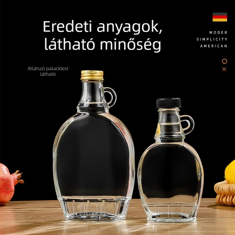 Személyre szabott lapos boros üveg, üres, átlátszó üveg házi erjesztésű italokhoz és gyümölcsborhoz