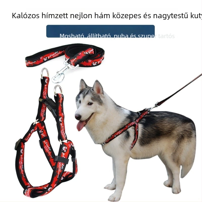 Nylonból készült kalóz hímzésű kutyahám közepes és nagy testű kutyáknak, mosható és állítható, pórázzal.
