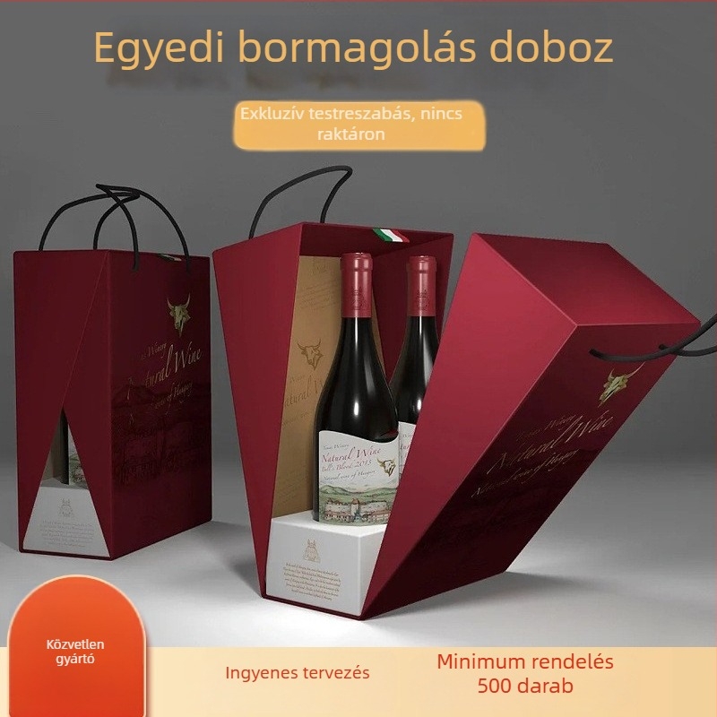 Két üveges vörösbor ajándékdoboz, testreszabható egy vagy két üveg számára, flip fedéllel és nyomtatással