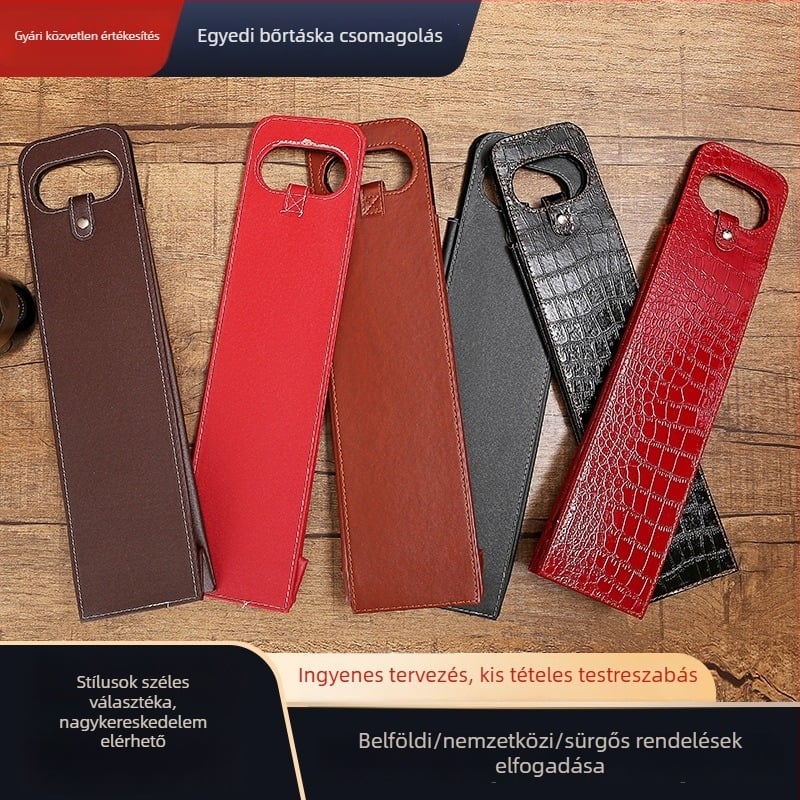 Vörösbor ajándéktáska fogantyúval, egy vagy kettő üveghez készült ajándékdoboz, bőrhatású textúra, testreszabható