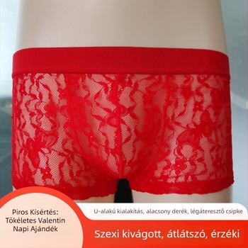 2026 Valentin-nap: Férfi csipkés hálószövésű boxer alsó, légáteresztő, könnyű, puha, bőrbarát, átlátszó háló panelokkal