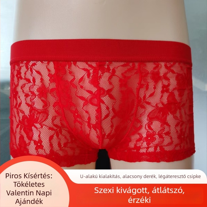 2026 Valentin-nap: Férfi csipkés hálószövésű boxer alsó, légáteresztő, könnyű, puha, bőrbarát, átlátszó háló panelokkal