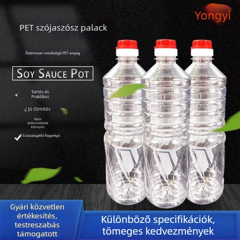1 literes PET kerek palack szójaszószhoz és olajokhoz, élelmiszer-minőségű, átlátszó műanyag tartály