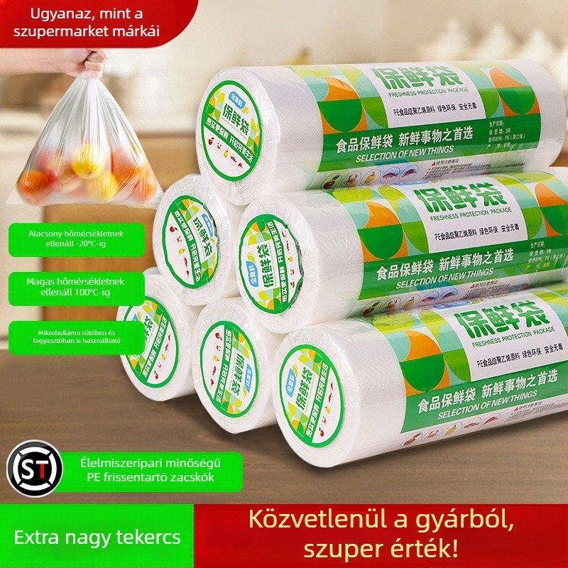 Vastagított frissességmegőrző zacskók hűtőbe való tároláshoz, kézzel téphető nyílással és sík szájú kialakítással, élelmiszer-minőségű műanyag zacskók