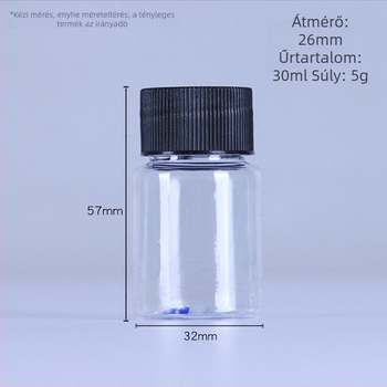 PET nagy szájú, átlátszó, kerek üveg, 30 ml, kupakkal