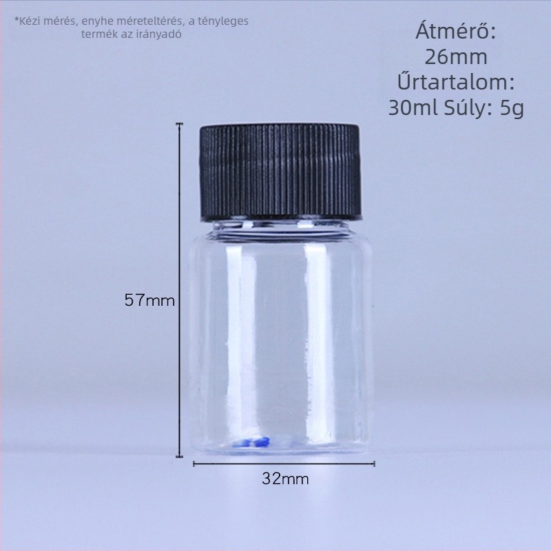 PET nagy szájú, átlátszó, kerek üveg, 30 ml, kupakkal