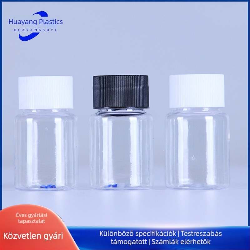 PET nagy szájú, átlátszó, kerek üveg, 30 ml, kupakkal
