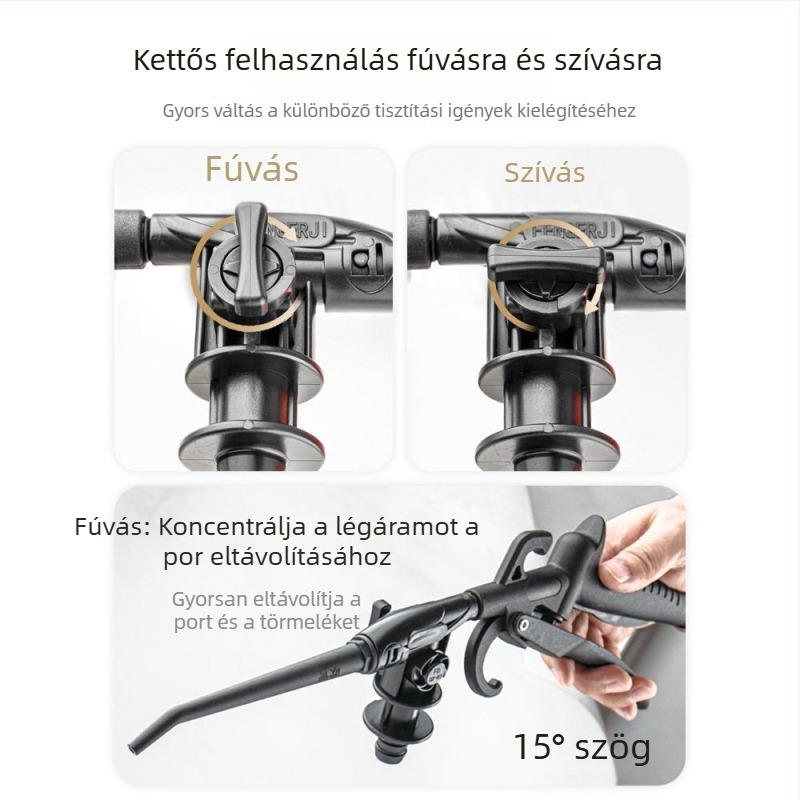 Kétfunkciós pneumatikus porfújó- és szívópisztoly varrógépekhez