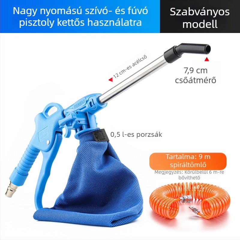 Kétfunkciós pneumatikus porfújó- és szívópisztoly varrógépekhez