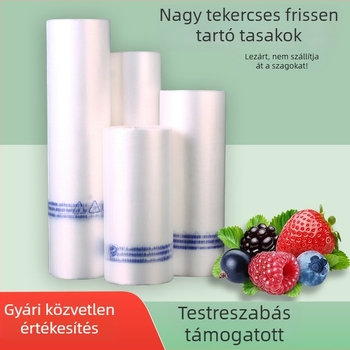 Átlátszó élelmiszer-tároló zacskók perforált könnyebb tépéshez, kézzel téphető, tekercses formában, vastag műanyag, különböző méretek, háztartási használatra