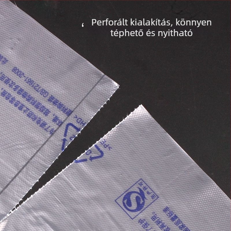 Átlátszó élelmiszer-tároló zacskók perforált könnyebb tépéshez, kézzel téphető, tekercses formában, vastag műanyag, különböző méretek, háztartási használatra