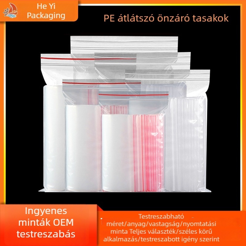 Átlátszó PE zárható tasakok, vastagabb kivitelben, vízállóak, élelmiszer-minőségű műanyag zacskók nyomtatott mintával, különböző méretekben.