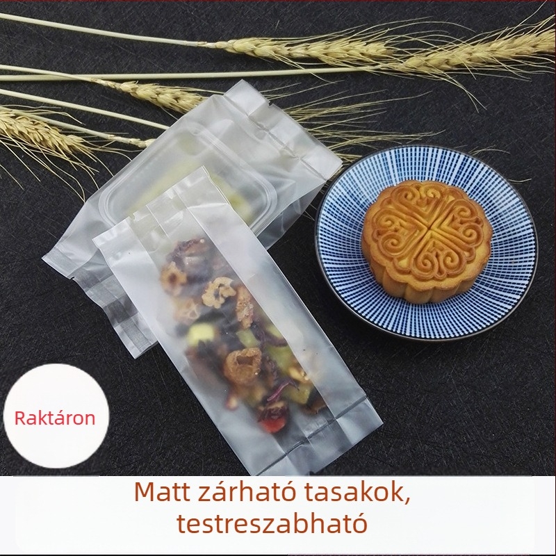 Mooncake zacskók akordeon oldalakkal, átlátszó matt felület, gépi záródás, élelmiszer-minőség