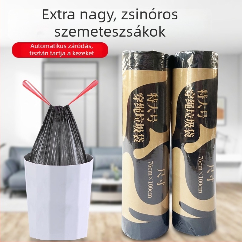 Extra-nagy kötős szemeteszsák, vastított kivitel, kézi hordozóval, műanyag