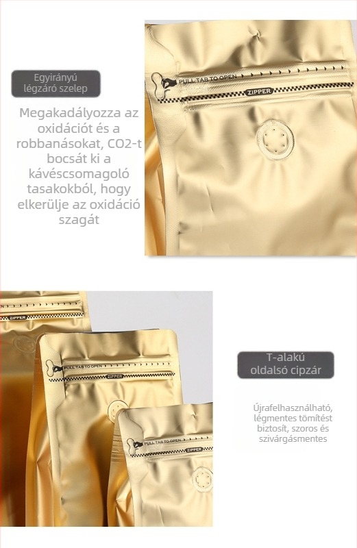 Kávébabokhoz vákuumtasak ventillával, alumíniumfóliával, zárható, élelmiszer-minőségű csomagolás