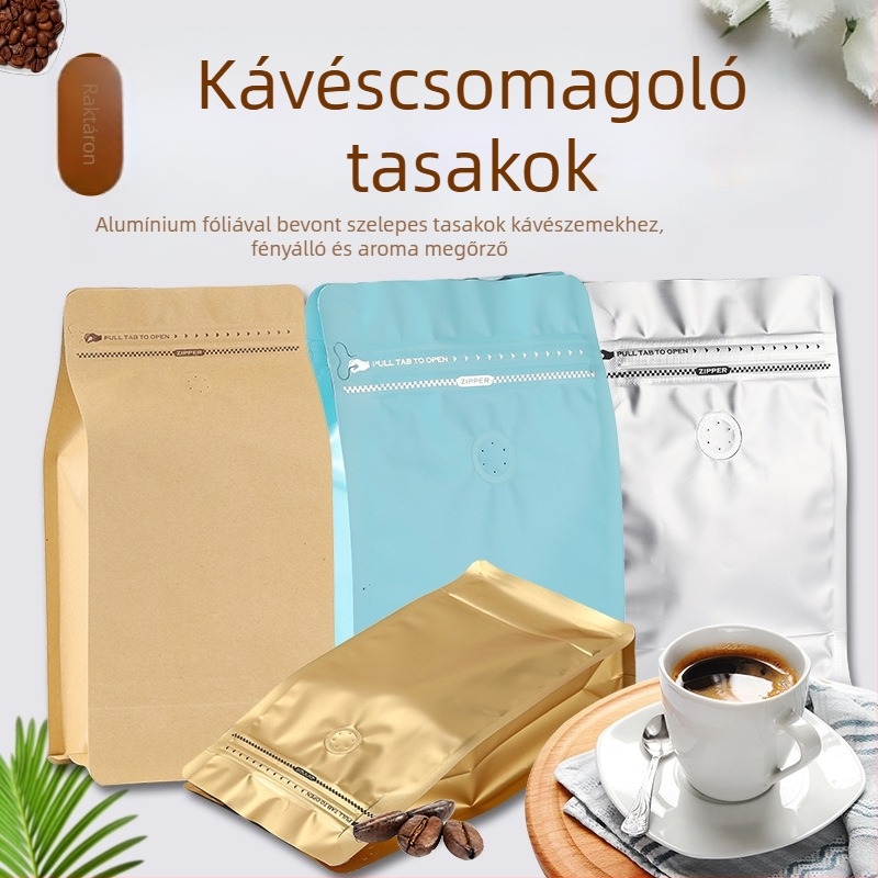 Kávébabokhoz vákuumtasak ventillával, alumíniumfóliával, zárható, élelmiszer-minőségű csomagolás