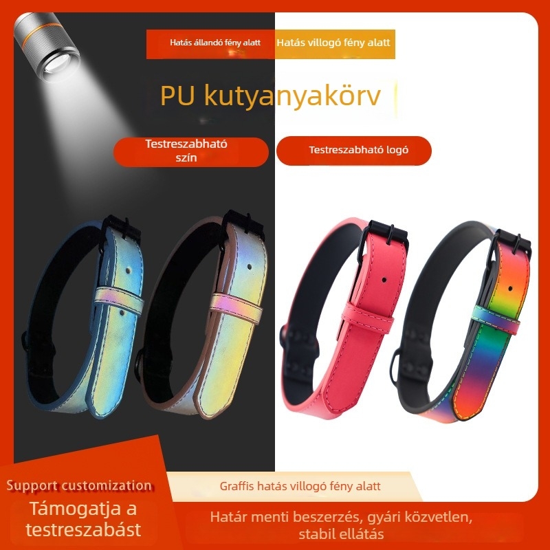 PU fényvisszaverő kutyanyakörv, állítható, színes, kutya azonosító címkével, kiképző nyakörv