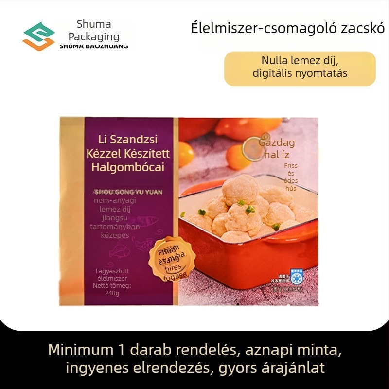 Személyre szabott nyomtatású műanyag csomagoló zacskó vákuumos élelmiszer csomagoláshoz, zacskó alumíniumfóliával, színes nyomtatás, kompozit tekercses film, álló, önzáró