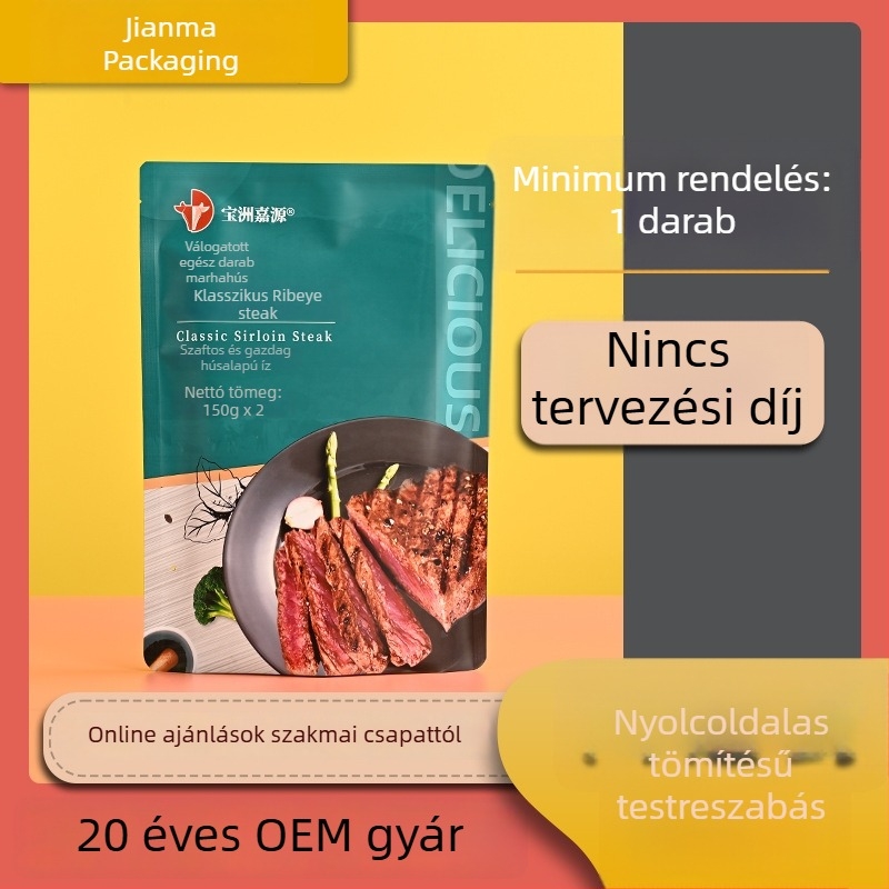 Személyre szabott nyomtatású műanyag csomagoló zacskó vákuumos élelmiszer csomagoláshoz, zacskó alumíniumfóliával, színes nyomtatás, kompozit tekercses film, álló, önzáró