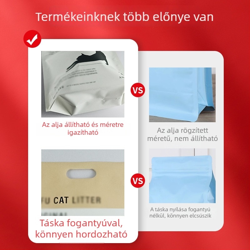Személyre szabott műanyag macskaeledel tasak, önzáró, matt felület, csúszásmentes, nedvesség- és vízálló, egyedi grafika