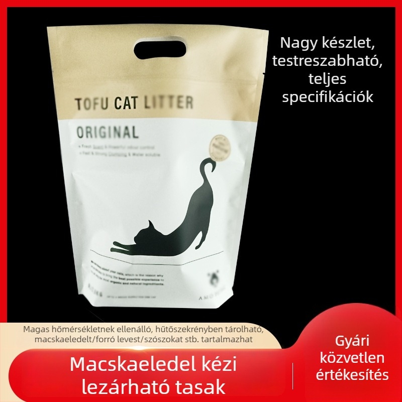 Személyre szabott műanyag macskaeledel tasak, önzáró, matt felület, csúszásmentes, nedvesség- és vízálló, egyedi grafika