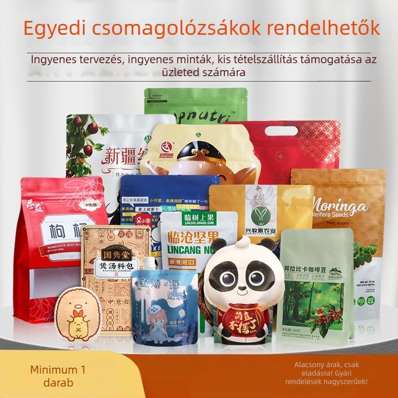 Élelmiszer-csomagoló taska egyedi tervezésű: alumíniumfóliás műanyag záró tasak, Kraft papír, álló kivitelű cipzáros tasak, nejlon vákuum tasak nyomtatással