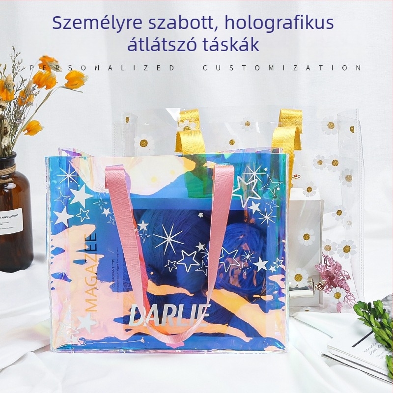 Lézerrel átlátszó PVC kézitáska testreszabható TPU irizáló felülettel, egy vállú bevásárlótáska smink- és ajándékcsomagoláshoz, hordozható