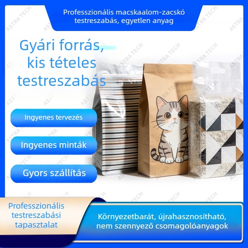 PP álló, zárható tasakok háziállatok számára, macskaalomhoz és kutyaeledelhez.