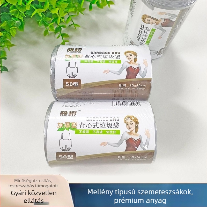 HDPE vastagított egyszer használatos szemeteszacskók, perforáltak a könnyebb tépéshez, sík szájú, mellény-stílusú fogantyúval, otthoni és kollégiumi használatra
