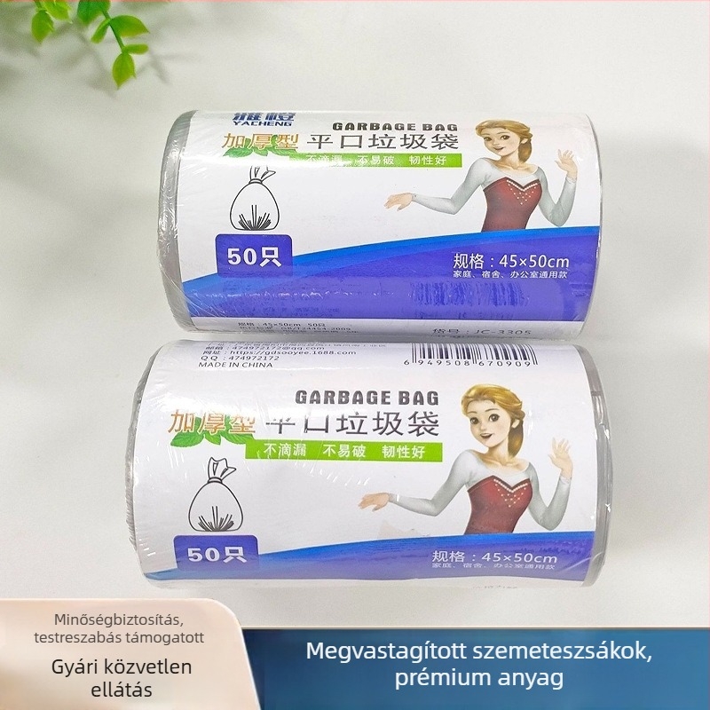 HDPE vastagított egyszer használatos szemeteszacskók, perforáltak a könnyebb tépéshez, sík szájú, mellény-stílusú fogantyúval, otthoni és kollégiumi használatra