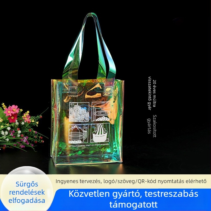 PVC átlátszó kézitáska holografikus laserhatással, TPU zselés táska, átlátszó bevásárlótáska, testreszabható