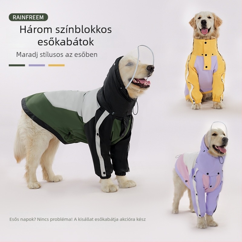 Labrador kutyák esőkabátja, PU vízálló színes blokkokkal, nagytestű kutyáknak