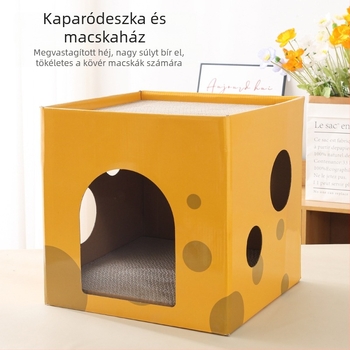 Macska karmoló deszka és odú, kétszintes, karcolás- és kopásálló, sajttémájú kartondoboz ház és macskatorny