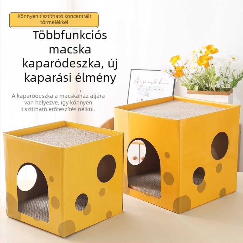 Macska karmoló deszka és odú, kétszintes, karcolás- és kopásálló, sajttémájú kartondoboz ház és macskatorny