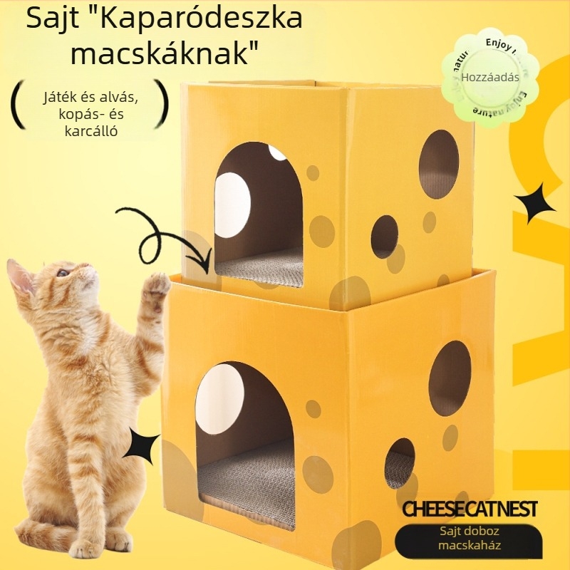 Macska karmoló deszka és odú, kétszintes, karcolás- és kopásálló, sajttémájú kartondoboz ház és macskatorny