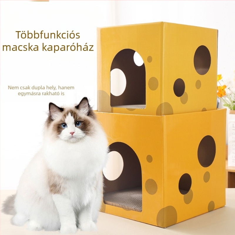 Macska karmoló deszka és odú, kétszintes, karcolás- és kopásálló, sajttémájú kartondoboz ház és macskatorny