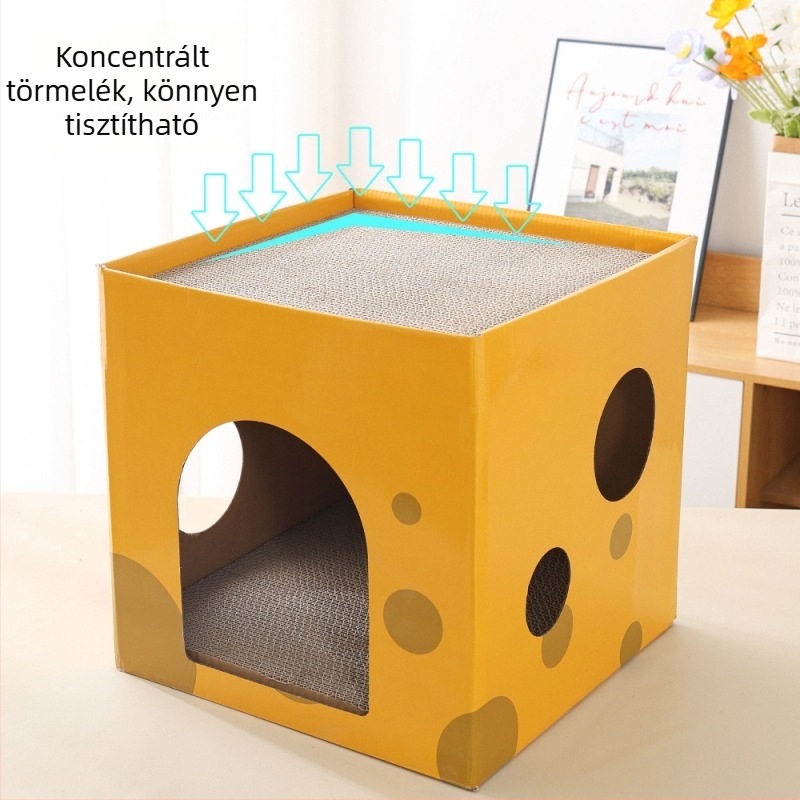 Macska karmoló deszka és odú, kétszintes, karcolás- és kopásálló, sajttémájú kartondoboz ház és macskatorny